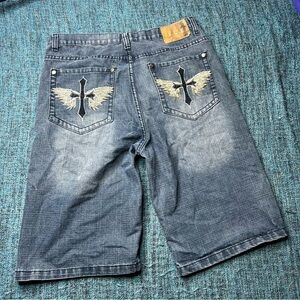 Vintage Y2K Silver Point Embroidered Pocket Baggy Shorts Cross Angel Wings 36